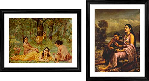 Image of Adventures� *Shakuntala Writing a Loveletter*- Two Paintings by Raja Ravi Varma, Set of 2 Wall D�cor Frames. Matt Satin Print with MDF & 1 inchPS Black Frame. Size 14 inchx18 inch each.