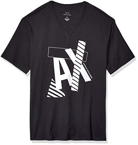 A|X Armani Exchange Men's Striped AX Logo V Neck T-Shirt, Black, M