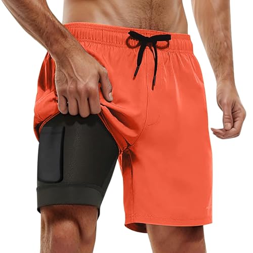 Mens Swim Trunks with Compression Liner 2 in 1 Quick Dry Bathing Suits 7 Inch Swim Shorts Stretch Beach Shorts with Pocket