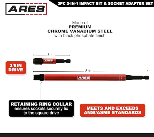 Image of ARES 22027 2-in-1 Impact Bit & Socket Adapter Set - 3-In & 8-In | Holds Standard 1 /4-In Hex Bits & 3 /8-In Drive Sockets; Spinning Sleeve Stabilizes