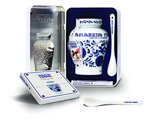 FABBRI 1905 - Amarena-Kirschen Geschenkbox | Geschenkebox mit Amarena Kirschen in original Fabbri Vase, Rezepte-Heft und Porzellan-Löffel | Ideales Topping für Eis, Joghurt, Dessert und Cocktails.