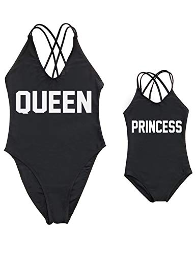 Mommy and Me Matching Family Swimwear Queen & PRINNCESS One Piece Mother Daughter Girl Swimsuits Cross Back Beachwear