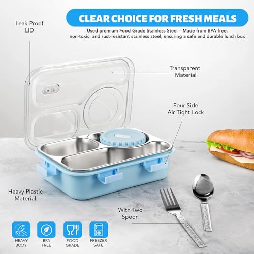 Image of Lunch Box 3 Compartment Stainless Steel Tiffin Box Within Liquid Store Box| Lunch Box for Kids, Leak-Proof BPA-Free Tiffin Box for School & Office Use 750ml (Blue)