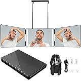 360 Grad Spiegel mit Licht,3 Wege Spiegel Dreifarbiges Dimmen Led Rasierspiegel, Kosmetikspiegel, Fitness Spiegelbarber Einem Höhenverstellbaren Teleskophaken Self-Styling für Männer und Frauen
