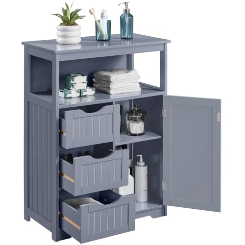 Yaheetech Meuble Salle de Bain, Colonne Salle de Bain, Armoire de Rangement avec 3 Tiroirs et 1 Placard, 66 × 35 × 90 cm, Commode en Bois Gris Grande