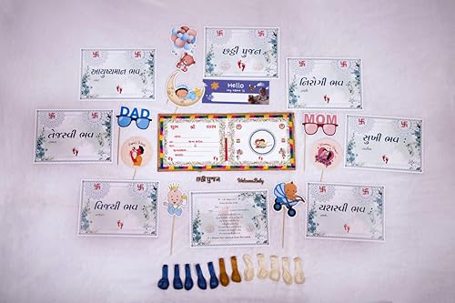 Chhathi Pujan Set with 8 Vidhata Lekh | Baby Girl Pooja Essentials | Includes Blessing Cards, Baby Outfit, Decorations, and Accessories | Ideal for It's a Girl Celebration