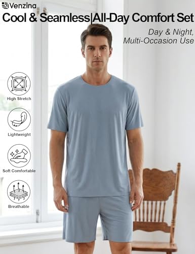 Image of Venzina Men's Ribbed Seamless Lounge Set -Loose Fit Cooling 4-Way Stretch Pajamas for Home, Outdoor, Relaxed Activities
