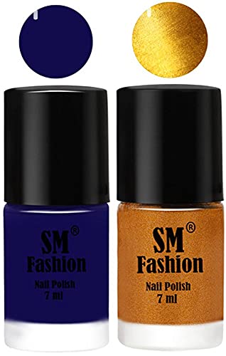 Image of Long Lasting Nail Polish | Nail Paint Combo 7 ml Each) - Set of 2 Dark Blue-Golden