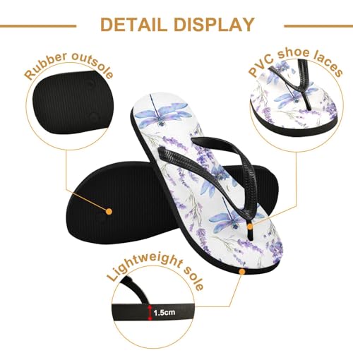 ALAZA Dragonfly Lavender Flip Flops for Women Fashion Beach Slippers Comfort Mens Flip Flops Non-Slip Rubber Shower Slippers Sandal for Hotel Travel Sport,XS3