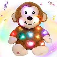 Hopearl LED Musical Monkey Stuffed Animal Lighting Up Singing Plush Toy Adjustable Volume Lullaby Animated Soothe Birthday Gifts for Kids Toddlers, Brown, 11''