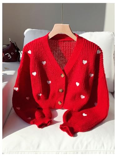 Image of BEAUDRM Women Heart Shape Cardigan Drop Shoulder Long Sleeve Button Front Cardigan
