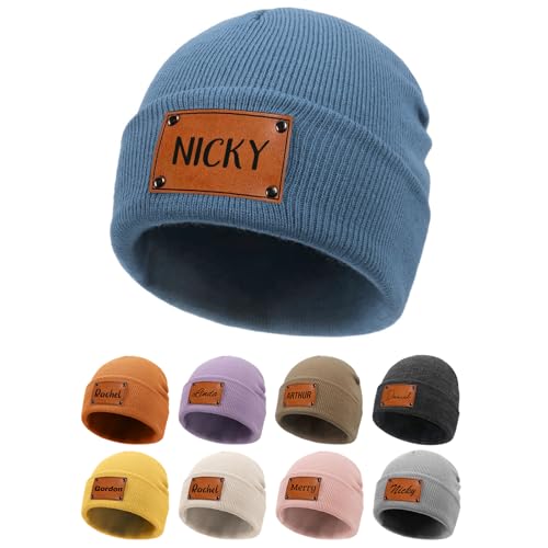Custom Baby Beanie Winter Hat Personalized Baby Knit Hats Leather Patch Infant Beanie for Baby Kids Adults