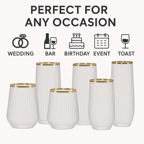 Image of 48 Pack Stemless Disposable Plastic Champagne Flutes, Gold Rim Wine Cups