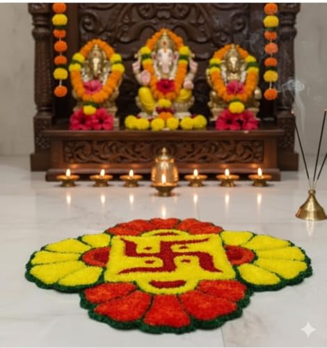 Image of Rangoli Floor Decoration Mat, Haldi & Mehndi Ceremony, Pooja and Festivals | Traditional Floral Design Decorative Mat for Home Entrance, Mandap & Event Decor