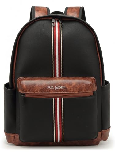 FUR JADEN Vegan Leather Stylish 15.6 Inch 5 Compartment Laptop Backpack Travel Weekender Bag For Unisex (Stark Black)