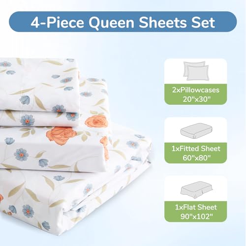 Image of MUXHOMO Queen Size 4 Piece Sheet Set, Soft & Breathable Sheet for Bedroom with Deep Pocket Up To 16 inch, Wrinkle-Free & Cooling Bed Sheet with Flat Sheet, Fitted Sheet & Pillowcases - Warm Orange Blossom