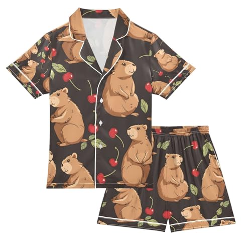senya Capybaras and Cherry Satin Summer Pajama Sets Silk Short Sleeve Button Down Sleepwear