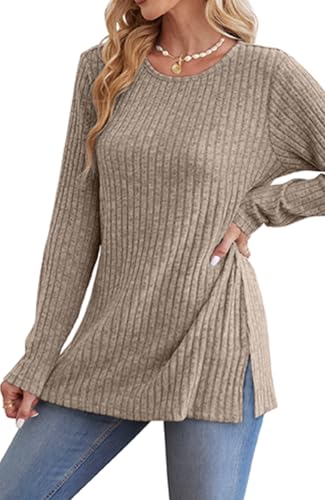Image of Jescakoo Long Sleeve Shirts for Women Crew Neck Fall Tops Side Split Lightweight Tunic Sweaters Fashion Clothes 2025 S-4XL