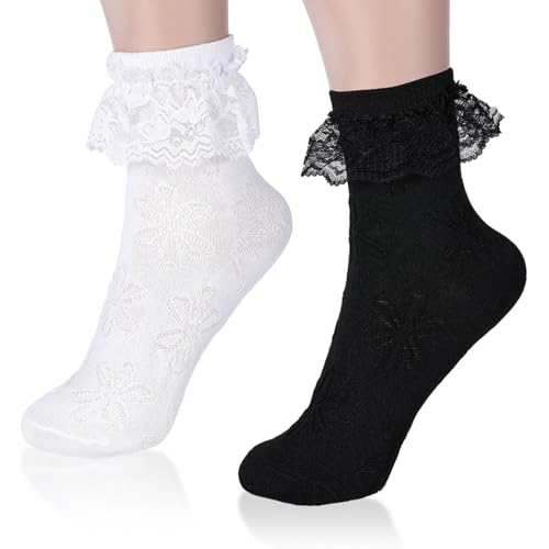 Tyqour 2 pares de meias com folhos para mulher, meias de algodão macio, meias de renda doces, meias de babados, meias de ballet bonitas para mulheres e meninas,, preto e branco, 38-44