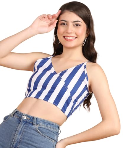 Image of POPWINGS Women Casual Blue & White Stripe Print Strap Crop Top