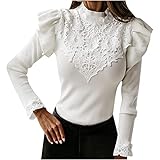 TRIGLICOLEUM Langarmshirt Damen Modisches Einfarbiges Hemd Spitze Spleiß Bluse Tunika Rüschen Lange Ärmel Pullover Tops Herbst Winter Leichtes Sweatshirt Oberteile