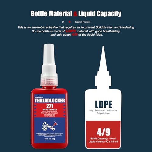 Image of ESKONKE Thread Locker Red 271 - Permanent Threadlocker Metal Glue for Nuts, Bolts, Fasteners High Strength Screw Compound to Prevent Loosening & Corrosion 1.69 Oz /50 ml