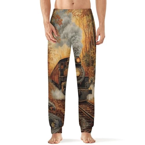 Vintage Steam Train Autumn Forests Men's Pajama Bottoms Sleep Lounge Soft Comfy Pants Sleepwear