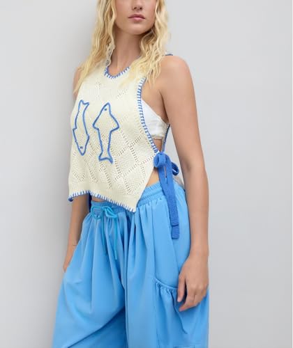 Image of Women Graphic Sweater Vest Y2k Sleeveless Lobster Pullover Top Crew Neck Lightweight Fall Knit Tank Top (Tie White Fish,L)