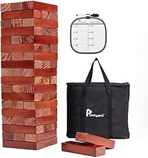 Pointyard Giant Tumble Tower [Stack up to 5FT], Retro Pine Wooden Tumble Timber Indoor Game for Kids & Adults - Classic Stacking Block Party Game with 1 Dice | Scoreboard | Carry Bag