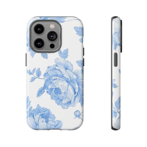 Coque iPhone 14 Pro motif floral pivoine bleu clair rigide antichoc
