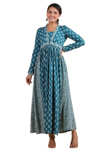 Image of Vbuyz Women's Floral Print Anarkali Cotton Aqua Blue Stitched Kurta | Anarkali Kurti for Women | Kurta for Women