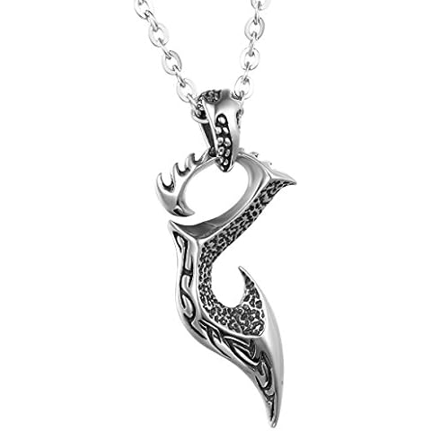 JewelryWe Mens Gothic Vintage Fire Phoenix Pendant Stainless Steel Necklace, Black Silver, 22" Chain Cover