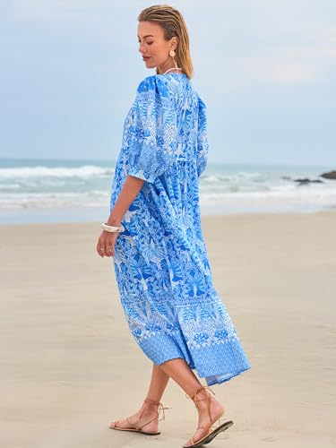 Image of LUXVEER Women's Floral Boho Maxi Dress 2026 Summer V Neck Puff Sleeve Casual Loose Flowy Long Beach Dresses