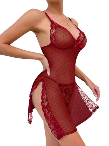 Image of Foxiny Sexy Split Side Floral Lace Trim Full Slip Night Gown Babydoll Lingerie Dress with Thong 2 piece