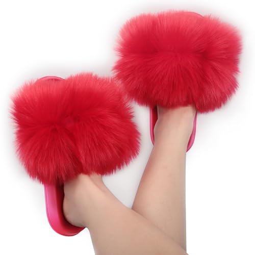 Image of Women's Faux Fur Slides, Open Toe Cute Fur Slippers, Indoor or Outdoor Comfortable Furry Slide Sandals With Fluffy Fur