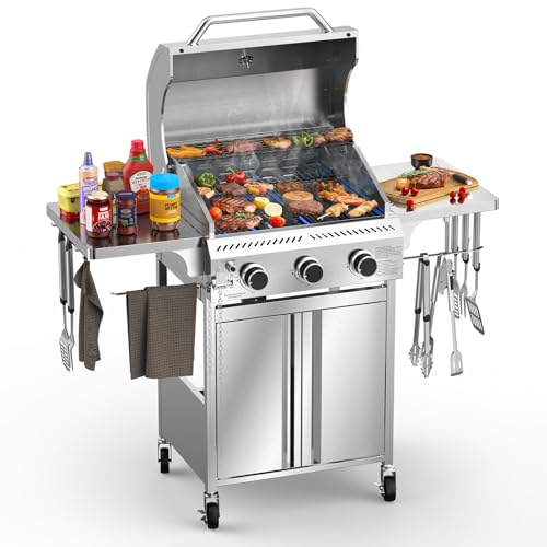 Electactic G31 Gas Grill, 3-Burner Gas Grill with Folding Side Tables,Stainless Steel 24,000 BTU BBQ...