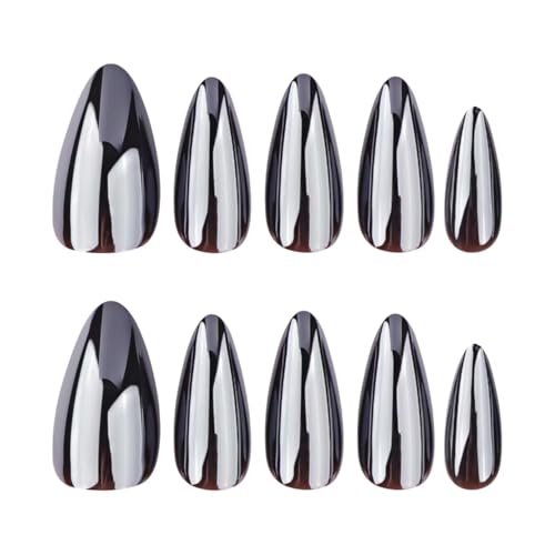 Image of Dark Black Press on Nails Medium Almond Fake Nails Chrome Nail Press ons with Design Glossy Glue on Nails Artificial Acrylic Full Cover Stick on Nails Cool False Nails for Women Girls Manicure 24Pcs