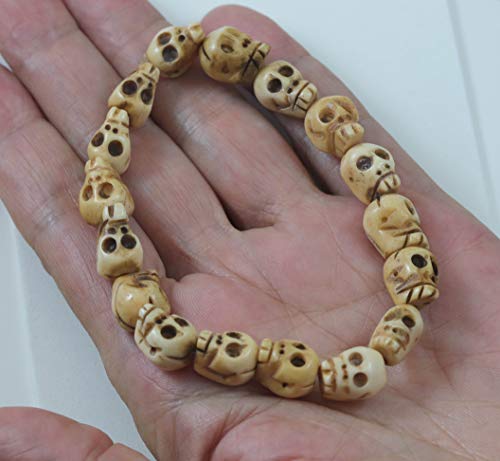 Men's Skull Bracelet Bone Carved Skulls Stretch Design For Male Adjustable, 8"2