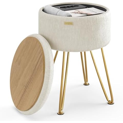 STORAGEBUD Round Ottoman with Storage, Textured Velvet Storage Ottoman, Foot Stool Ottoman, Makeup Vanity Stool, Small Ottoman Foot Rest, Modern Ottomans for Living Room and Bedroom, Cream Cover