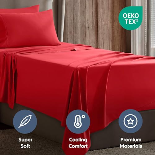 Image of Nestl Twin Bed Sheet Set - Red - 3-Piece Deep Pocket | Instantly Soft, Night-One Ready (No Wash Required). Fits 16-Inch Deep Pockets, 360-Degree Elastic Grip