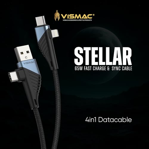 Image of Vismac 4 in 1 65W Fast PD+QC Braided Charging and Sync Cable with USB A,Type C and Lightning Fast Charging Cable Compatible with All Type C Android Smartphone & Lighting Devices (1M).