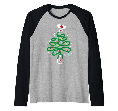 Stethoscope Christmas Tree | Funny Nurse Christmas Pajamas Camiseta Manga Raglan