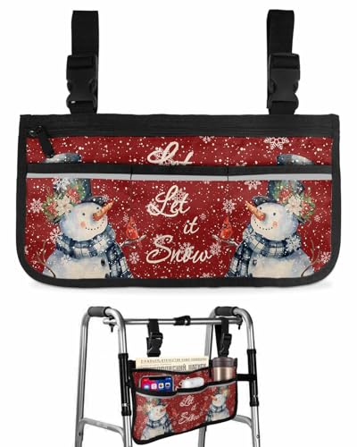 Anzona Red Christmas Wheelchair Side Bag Walker Bag, Farmhouse Snowman Snowflakes Wheelchair Accessories Armrest Pouch, Organizer Storage Bag for Walkers, Rollators, Scooters, 7.3''x13''