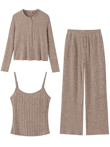 ANRABESS Women 3 Piece Lounge Pajama Sets Knit Crop Cardigan Cami Top Wide Leg Pants 2025 Fall Outfits Comfy Matching Clothes Tan M