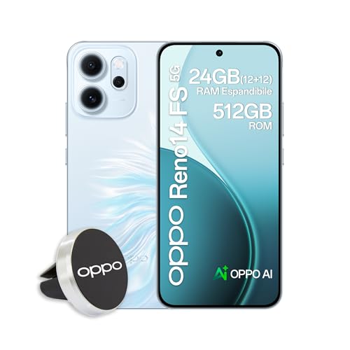 OPPO Reno14 FS 5G AI Smartphone, Tripla fotocamera 50+8+2MP, Selfie 32MP, Display 6.57” 120HZ AMOLED FHD+, 6000mAh, RAM 12GB(Esp4GB/8GB/12GB)+ROM 512GB, Supporto Auto [Versione Italia], Opal Blue