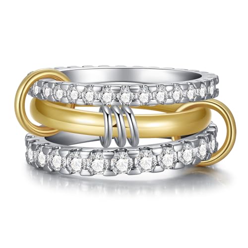 Stackable Interlocked Rings for Women, 14K Gold/White Gold Plated 3/4 Ring Stack Set, Mixed Metals Wedding Engagement Statement Bridal Two-Toned Bands, Size 6-92