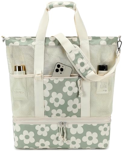 Bluboon Mesh Beach Tote Bag with Cooler Compartment Insulated Detachable Picnic Bag with Zipper and Pocket Pool Bag for Women (Flower 157 Green)