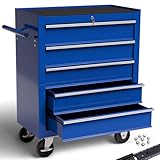AREBOS Servante d’Atelier Servante Caisse | Chariot d'Atelier | Chariot à Outils | 5 Tiroirs | Bleu | Résistante aux Rayures | Tiroirs avec revêtement antidérapant | Acier | 70 x 33 x 78 cm