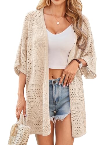 GRACE KARIN Womens Crochet Knit Cardigan Lightweight Beige Short Sleeve