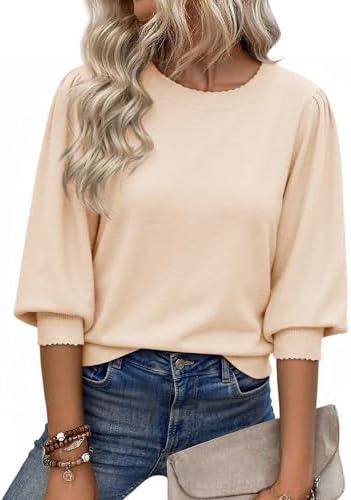 Cicy Bell Womens 3/4 Puff Sleeve Sweater Tops Fall Casual Crew Ne...